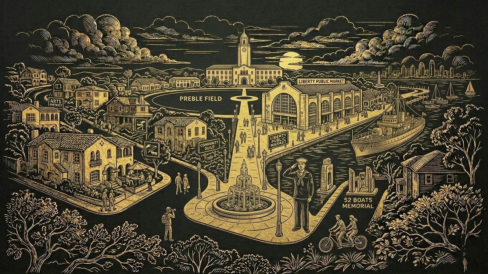 Illustrated map of Liberty Station, San Diego landmarks near Jack & Frank Hair Studio